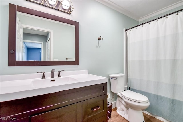 7208 S Galahad Pl, Concord Township, OH 44077 - full bathroom featuring vanity, crown molding, wood finished floors, and a shower with shower curtain