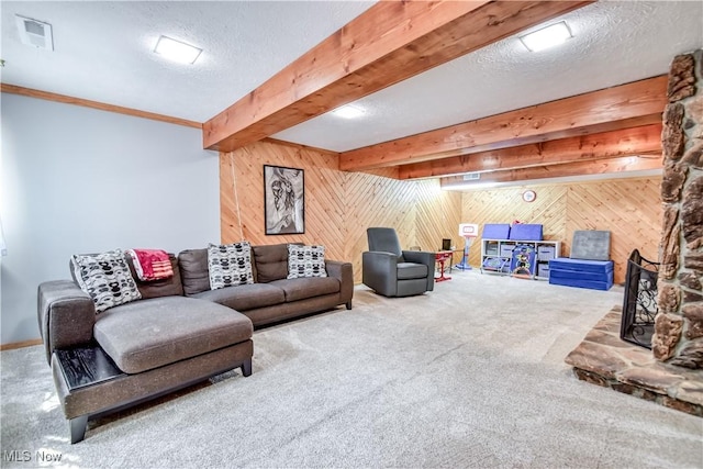 7208 S Galahad Pl, Concord Township, OH 44077 - carpeted living room featuring wooden walls, beam ceiling, and a textured ceiling