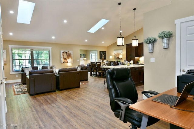 12 Bayview Cir, Cortland, OH 44410 - office featuring a skylight, lofted ceiling, light wood-style flooring, and recessed lighting