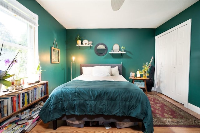 659 Lake Rd, Conneaut, OH 44030 - bedroom featuring an accent wall, wood finished floors, and a closet