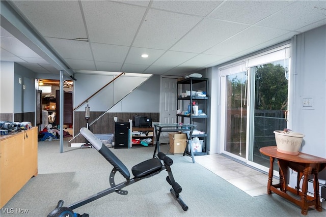 659 Lake Rd, Conneaut, OH 44030 - exercise room with a drop ceiling and carpet