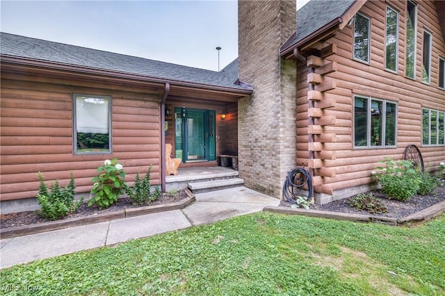 5621 Schustrich Rd, Mantua, OH 44255 - doorway to property featuring a chimney, roof with shingles, and log exterior