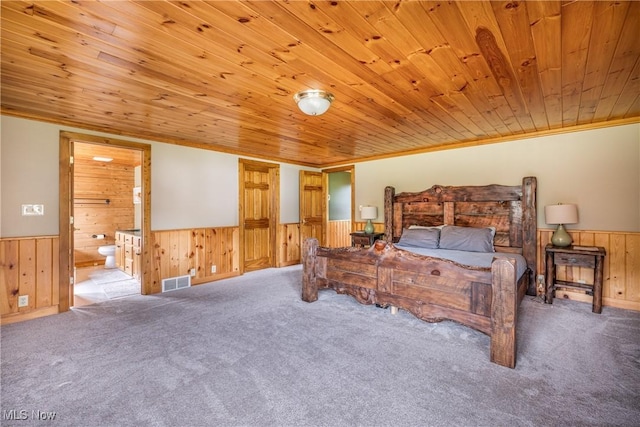 5621 Schustrich Rd, Mantua, OH 44255 - carpeted bedroom featuring wood walls, a wainscoted wall, wooden ceiling, and ensuite bath