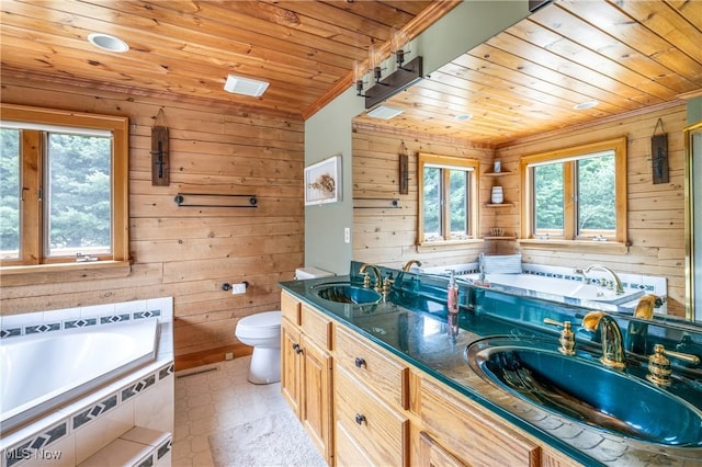 5621 Schustrich Rd, Mantua, OH 44255 - full bath with wooden ceiling, wood walls, double vanity, a bath, and crown molding