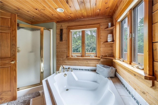5621 Schustrich Rd, Mantua, OH 44255 - full bath featuring ornamental molding, a stall shower, a garden tub, wood walls, and wooden ceiling