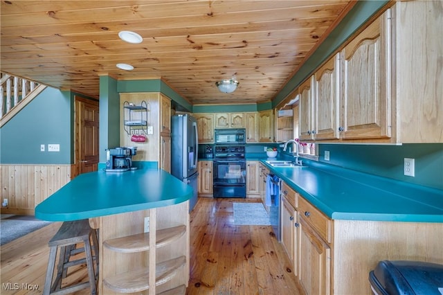 5621 Schustrich Rd, Mantua, OH 44255 - kitchen featuring appliances with stainless steel finishes, a kitchen breakfast bar, light wood-style floors, a peninsula, and wainscoting