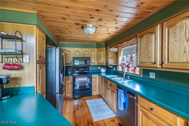 5621 Schustrich Rd, Mantua, OH 44255 - kitchen with black appliances, wooden ceiling, light wood finished floors, and open shelves