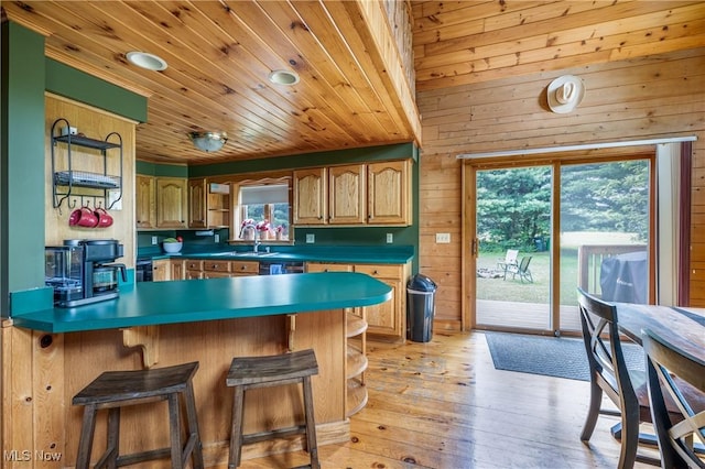 5621 Schustrich Rd, Mantua, OH 44255 - kitchen with wood walls, a peninsula, a kitchen bar, light wood finished floors, and open shelves