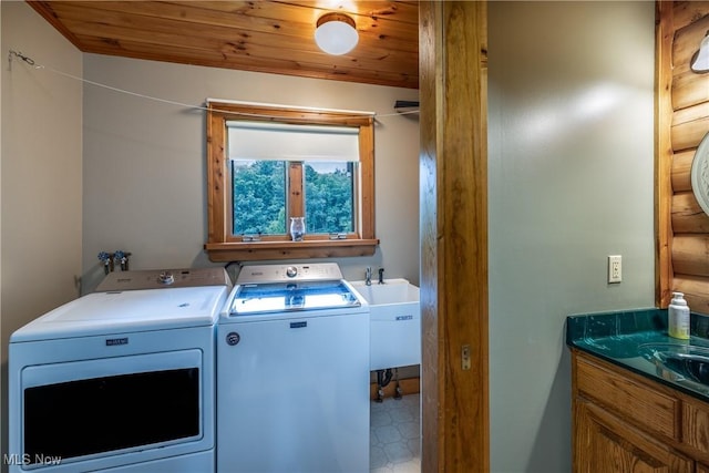 5621 Schustrich Rd, Mantua, OH 44255 - laundry area featuring washer and clothes dryer, wood ceiling, and tile patterned floors