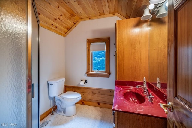 5621 Schustrich Rd, Mantua, OH 44255 - bathroom with wood ceiling, vanity, lofted ceiling, and tile patterned floors