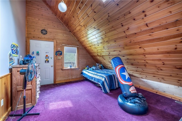 5621 Schustrich Rd, Mantua, OH 44255 - bedroom featuring wooden walls, wooden ceiling, vaulted ceiling, and carpet floors