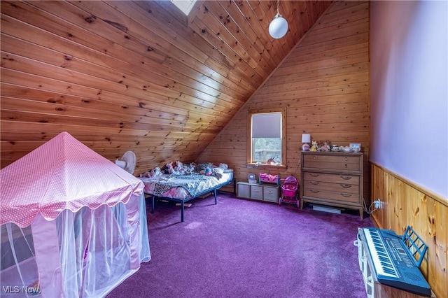 5621 Schustrich Rd, Mantua, OH 44255 - carpeted bedroom featuring wooden walls, lofted ceiling, wainscoting, and wooden ceiling