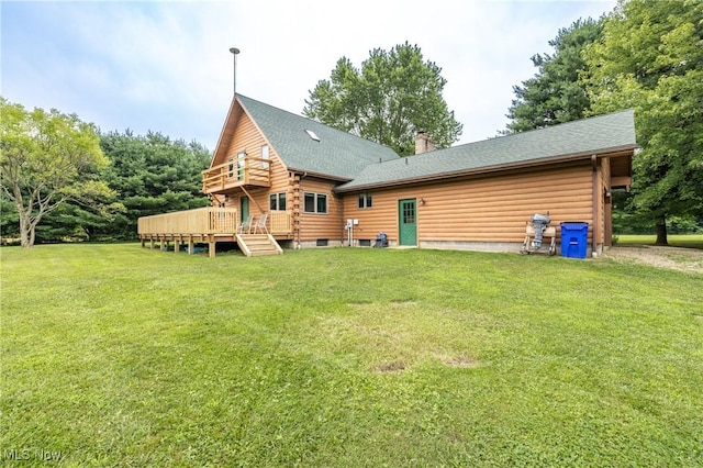 5621 Schustrich Rd, Mantua, OH 44255 - back of house featuring a deck, a yard, a chimney, a shingled roof, and log exterior