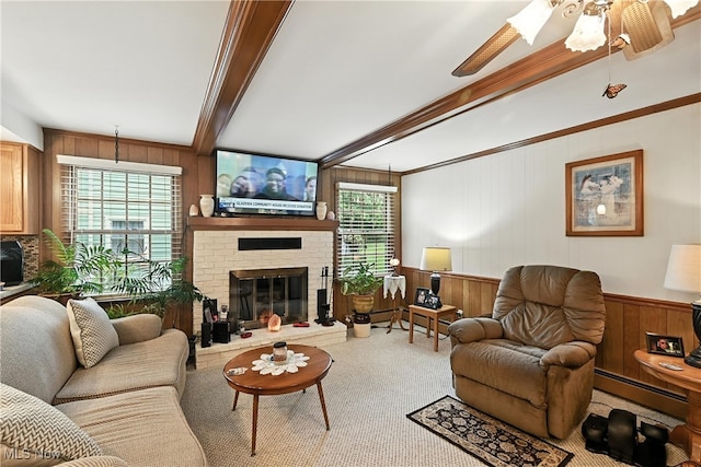 136 Elmridge Rd, Mansfield, OH 44907 - living area featuring wooden walls, beam ceiling, a fireplace, a baseboard heating unit, and carpet flooring