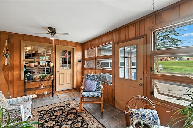 136 Elmridge Rd, Mansfield, OH 44907 - sitting room featuring wooden walls and a ceiling fan
