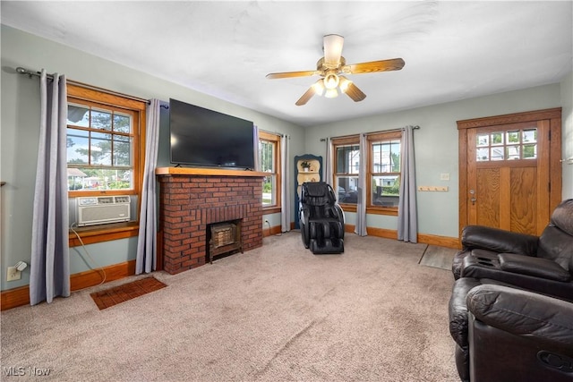 1029 S Main St, Grafton, OH 44044 - carpeted living area with cooling unit, a ceiling fan, and a brick fireplace