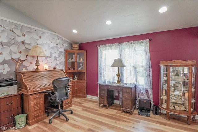 2077 Daniels Ave, Akron, OH 44312 - office area featuring wood finished floors, vaulted ceiling, and recessed lighting