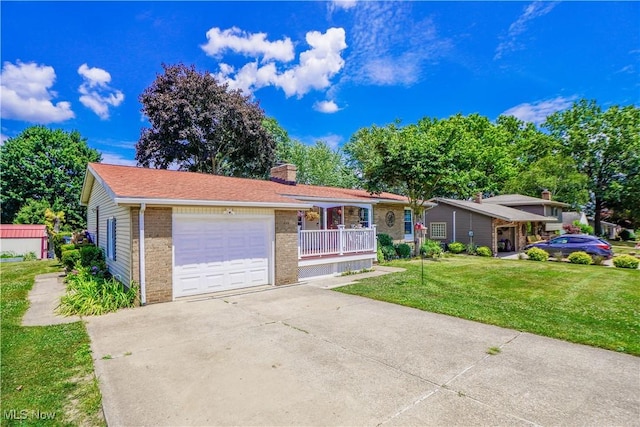 2077 Daniels Ave, Akron, OH 44312 - ranch-style house featuring an attached garage, concrete driveway, a front yard, brick siding, and a chimney
