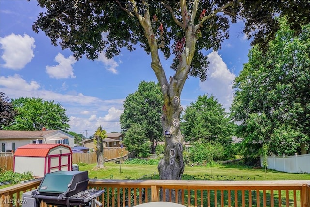 2077 Daniels Ave, Akron, OH 44312 - wooden deck featuring a shed, a fenced backyard, and grilling area