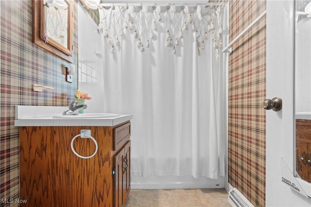 1332 Broadview Ave, Akron, OH 44321 - full bath featuring wallpapered walls, vanity, shower / bath combination with curtain, and tile patterned floors