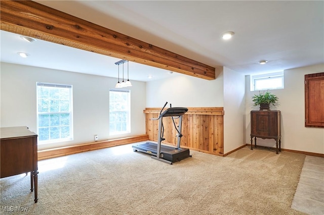 exercise area featuring light colored carpet and recessed lighting
