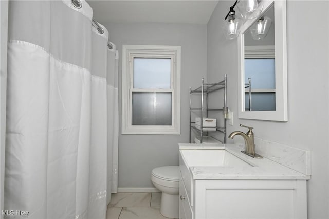 908 Dawnwood Dr, Parma, OH 44134 - bathroom featuring marble look tiles, vanity, and curtained shower