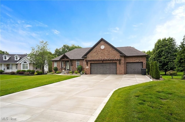 5461 Brook Run Ave NE, Louisville, OH 44641 - ranch-style home featuring a garage, brick siding, a front yard, and concrete driveway