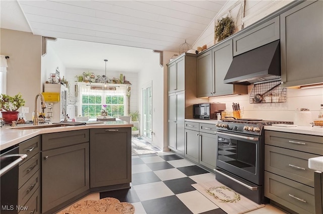 5461 Brook Run Ave NE, Louisville, OH 44641 - kitchen with appliances with stainless steel finishes, extractor fan, light floors, gray cabinets, and lofted ceiling