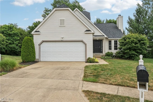 957 Devonwood Dr, Wadsworth, OH 44281 - traditional-style home with driveway, a front yard, a shingled roof, and a chimney