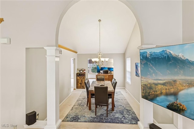 957 Devonwood Dr, Wadsworth, OH 44281 - dining area with a chandelier, arched walkways, high vaulted ceiling, and decorative columns