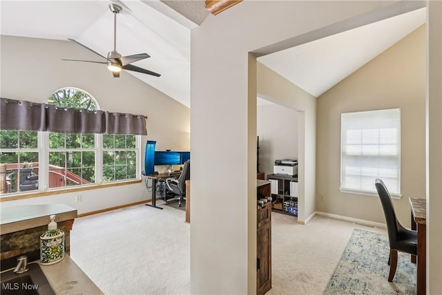 957 Devonwood Dr, Wadsworth, OH 44281 - office area featuring vaulted ceiling, carpet floors, plenty of natural light, and a ceiling fan
