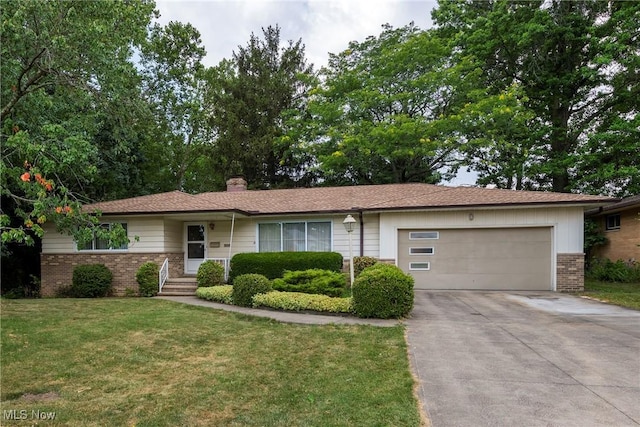 7080 Arcadia Dr, Parma, OH 44129 - ranch-style house with brick siding, a front lawn, driveway, a chimney, and an attached garage