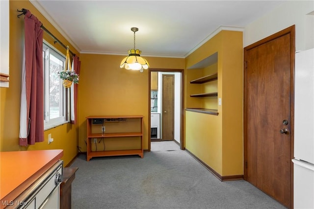 7080 Arcadia Dr, Parma, OH 44129 - dining area with light carpet, crown molding, and a chandelier