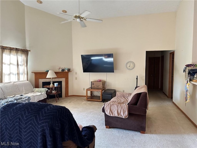 16199 Emerald Pt, Middleburg Heights, OH 44130 - carpeted bedroom with high vaulted ceiling, a fireplace, and ceiling fan