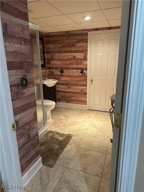 1995 Fox Chase, Youngstown, OH 44515 - bathroom featuring wooden walls, a paneled ceiling, and vanity