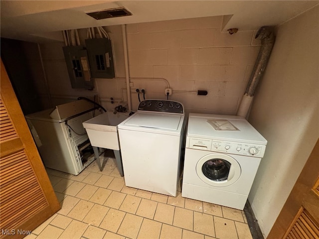 5436 Summerwood Ct Unit C, Willoughby, OH 44094 - laundry area with electric panel, separate washer and dryer, and concrete block wall