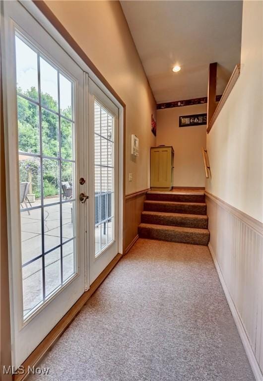 99 Mccook Ave, Carrollton, OH 44615 - doorway with healthy amount of natural light, wainscoting, stairway, carpet, and recessed lighting