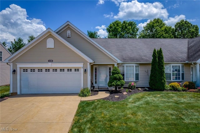 1446 Chesapeake Ave, Louisville, OH 44641 - single story home featuring concrete driveway, an attached garage, a front yard, and a shingled roof