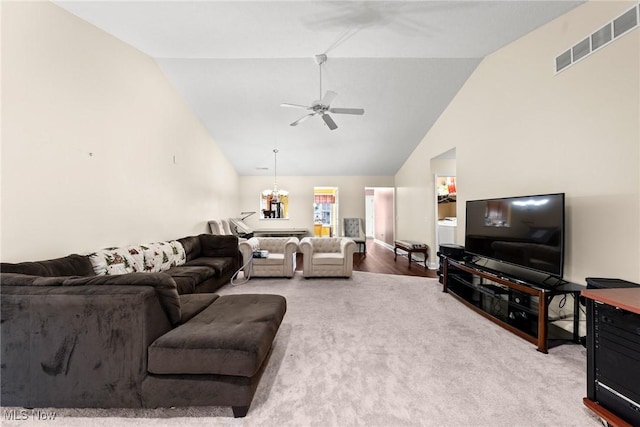 1446 Chesapeake Ave, Louisville, OH 44641 - living area with a ceiling fan, high vaulted ceiling, and carpet flooring