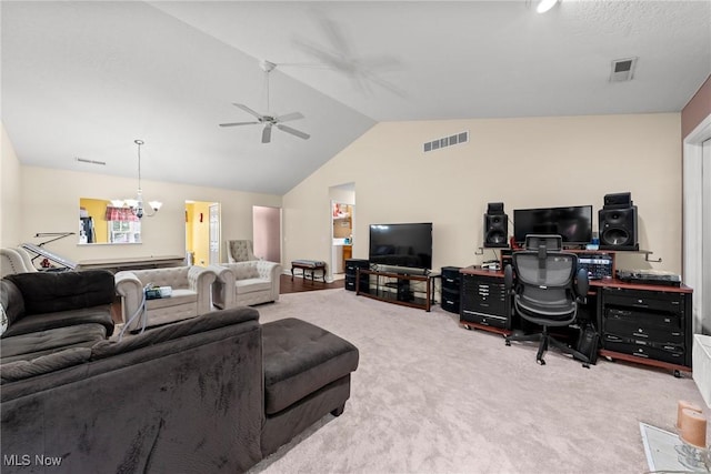 1446 Chesapeake Ave, Louisville, OH 44641 - living area with lofted ceiling, a chandelier, carpet flooring, ceiling fan, and a desk