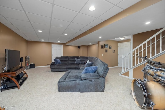 9034 Huxley Ln, Olmsted Twp, OH 44138 - living room with carpet flooring, stairs, a drop ceiling, and recessed lighting