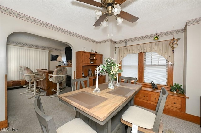1266 Pitkin Ave, Akron, OH 44310 - carpeted dining room featuring a ceiling fan, arched walkways, and a textured ceiling