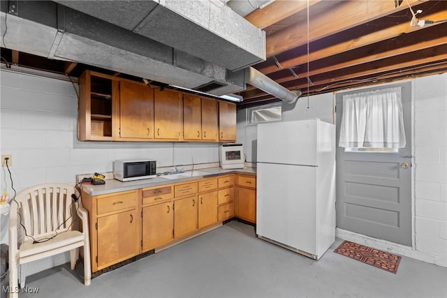 71050 Barries Dr, Martins Ferry, OH 43935 - kitchen featuring white appliances, finished concrete flooring, light countertops, and open shelves