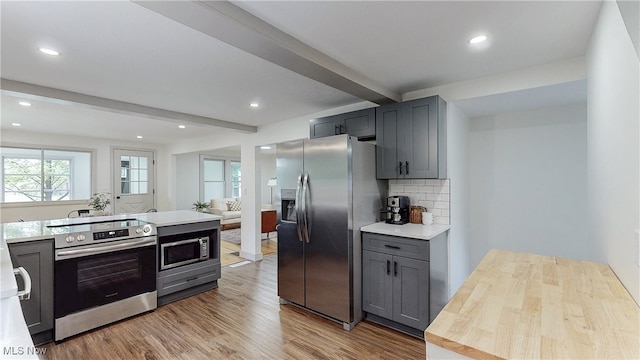 3187 Grenfall Rd, Norton, OH 44203 - kitchen featuring stainless steel appliances, beamed ceiling, gray cabinetry, light wood-style floors, and backsplash