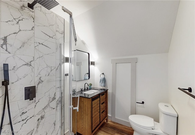 3187 Grenfall Rd, Norton, OH 44203 - bathroom with a marble finish shower, vanity, wood finished floors, and lofted ceiling