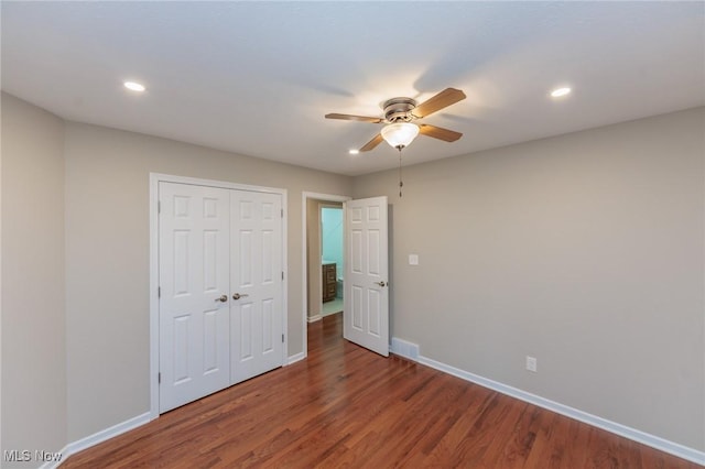 2271 Augusta Ct, Westlake, OH 44145 - unfurnished bedroom featuring wood finished floors, recessed lighting, a closet, and a ceiling fan
