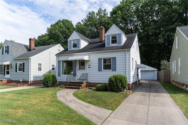 1403 Wexford Ave, Parma, OH 44134 - cape cod house featuring an outdoor structure, a front lawn, a garage, and a chimney