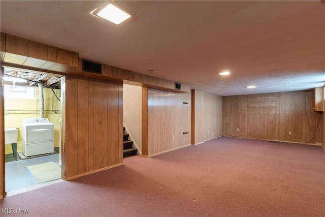 1403 Wexford Ave, Parma, OH 44134 - finished basement with washer / dryer, stairway, carpet, and wood walls