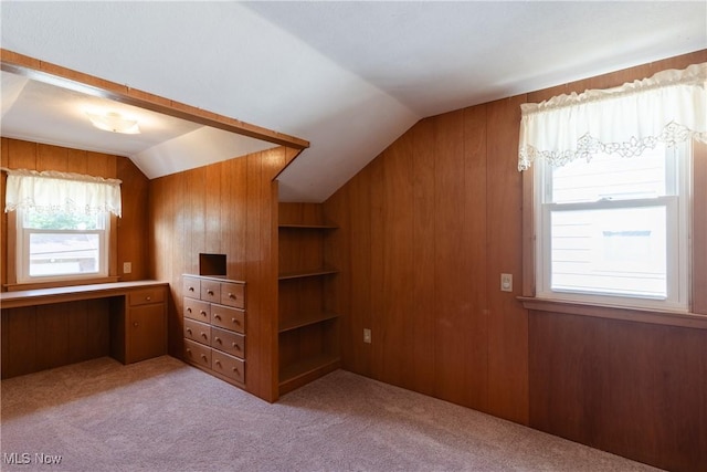 1403 Wexford Ave, Parma, OH 44134 - bonus room with carpet, wood walls, an office area, lofted ceiling, and built in shelves