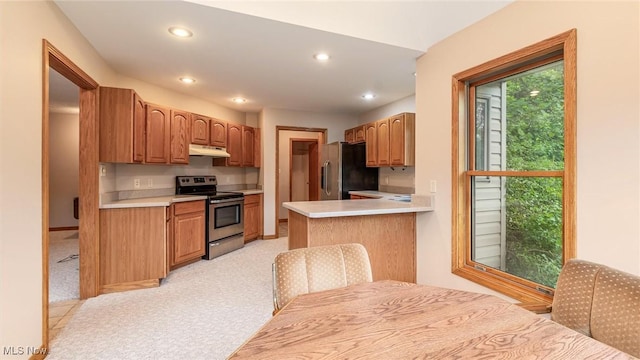 4101 Oak Ridge Ln, Cambridge, OH 43725 - kitchen featuring appliances with stainless steel finishes, under cabinet range hood, recessed lighting, light countertops, and light colored carpet